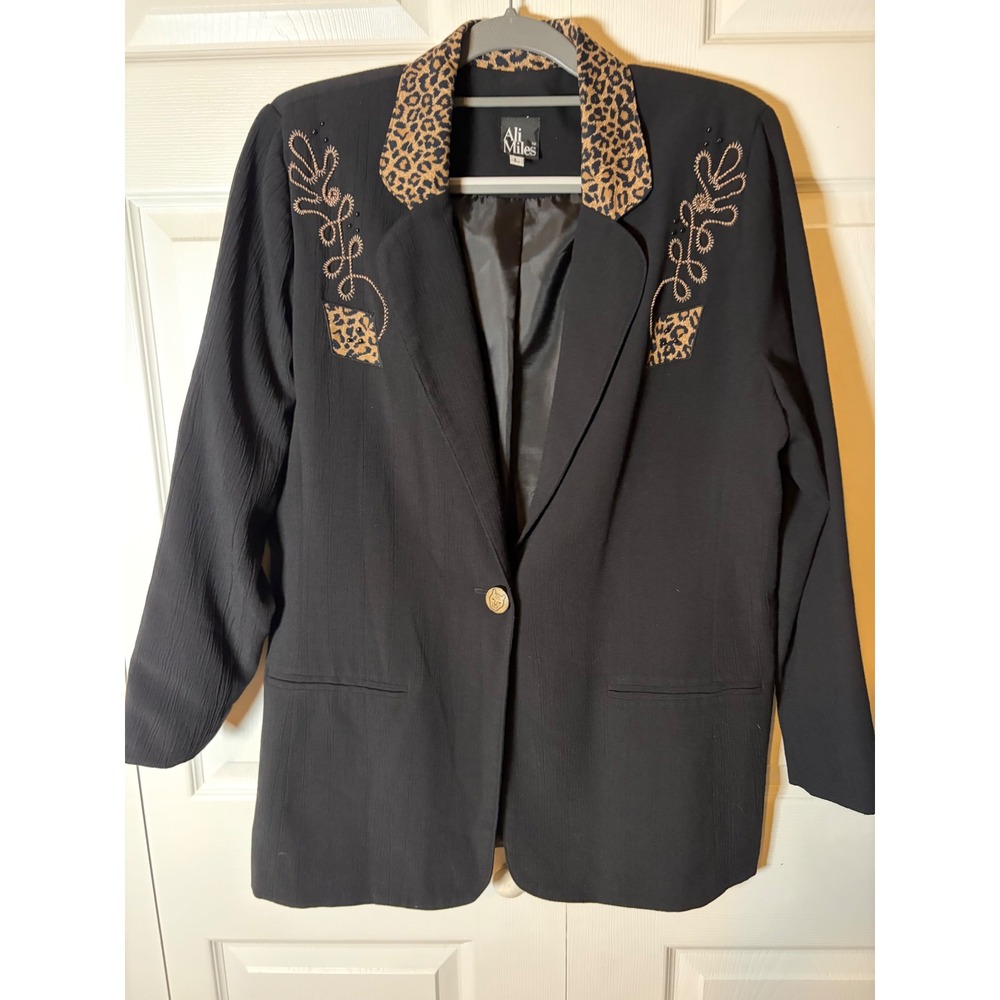 Ali Miles Womens Black Blazer Leopard Print Collar Embroidery Beaded Jacket L